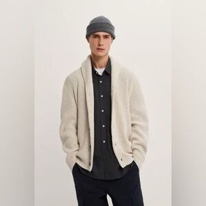 Zara Man Chunky Knit Cardigan Sweater Shawl Collar Beige Medium